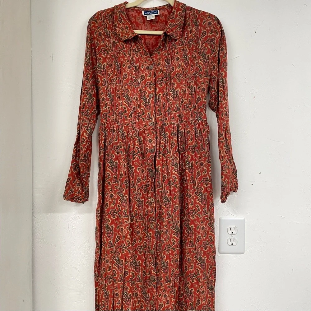 Vintage Bryn Connelly Red Paisley Long Sleeve Maxi Dress Prairie Womens L